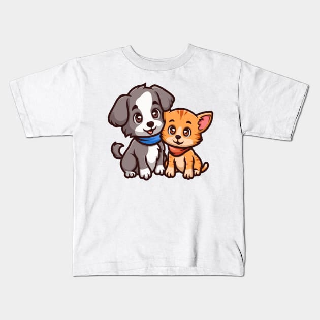 Cute cat and dog friendship Kids T-Shirt by RubyCollection